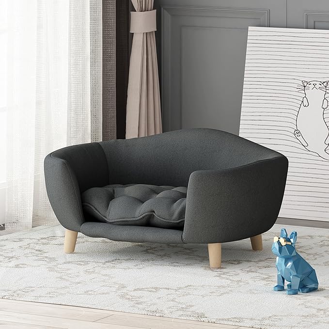 Christopher Knight Home Elroy Orthopedic Dog Bed, Elevated Dog Sofa Bed for Small Dog, Supportive Foam Pet Couch Bed with Wooden Legs, Modern Pet Sofa Bed, Dark Gray