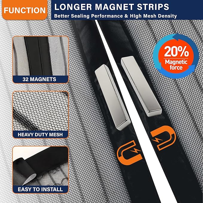 Magnetic Screen Door, Fit Door Size 32 x 96 Inches, Screen Doors with Magnets, Pet & Kid Friendly，Works with Front Doors, Sliding Doors ‎Black