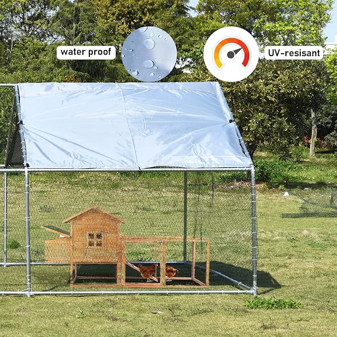 1.26’’ Large Metal Chicken Coop Walk in, Chicken Pen for Chickens, Outdoor Chicken Runs Coops Dog Kennel, Spire Roofed Chicken Runs for Yard with Anti-Ultraviolet Cover(9.8’Lx6.6’Wx6.4’H)