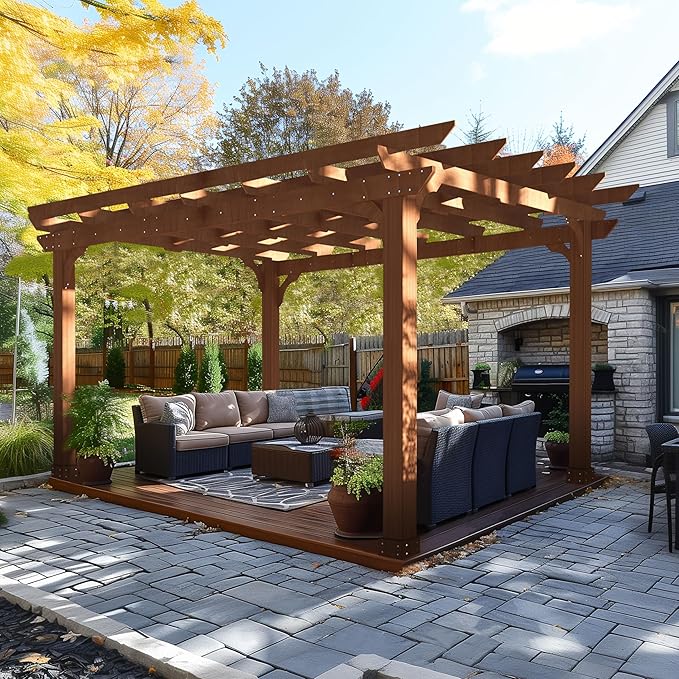 MUPATER 10x12 FT All Cedar Wooden Pergola, Kit with Stakes, Quality Supported Structure, Snow and Wind Supported,Outdoor Pergola with Cedar Framed for Backyard, Deck, Lawn