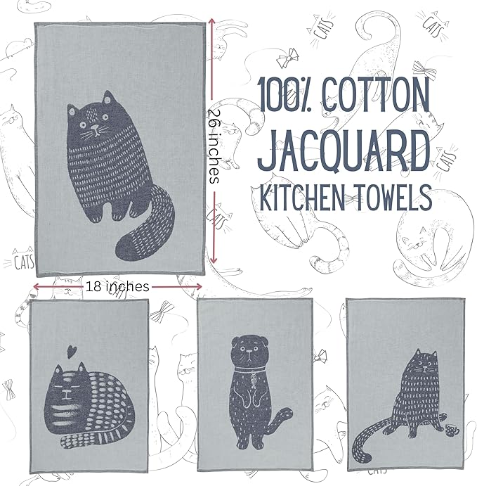 sea me at home Cat Themed Funny Dish Towels for Kitchen Drying, 100% Cotton Kitchen Tea Towel Set of 4, Housewarming Birthday Gift for Cat Lovers (Cats' Moods)