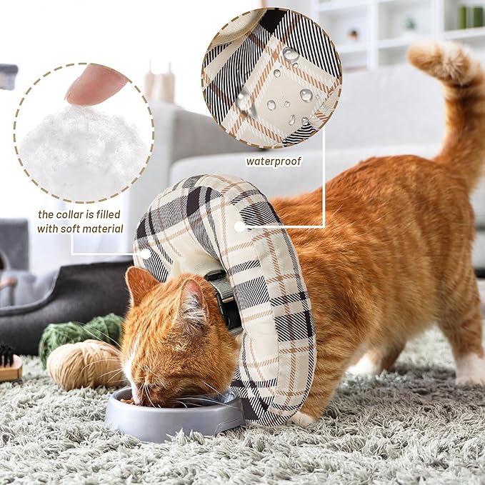 Cat Cone Collar Soft, Adjustable Plaid Elizabethan Cat Recovery Collar After Surgery to Prevent Licking & Scratching Wound, Fits Small Medium Large Cats, Puppy, Small Dogs