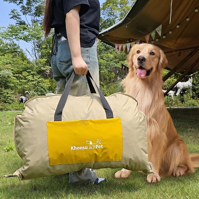 Portable Waterproof Dog Mat for Camping, Patio & Travel - Foldable Outdoor Dog Bed with Teflon Shell & Removable Plush Pad - Easy Clean, Durable - S (Denime Blue)