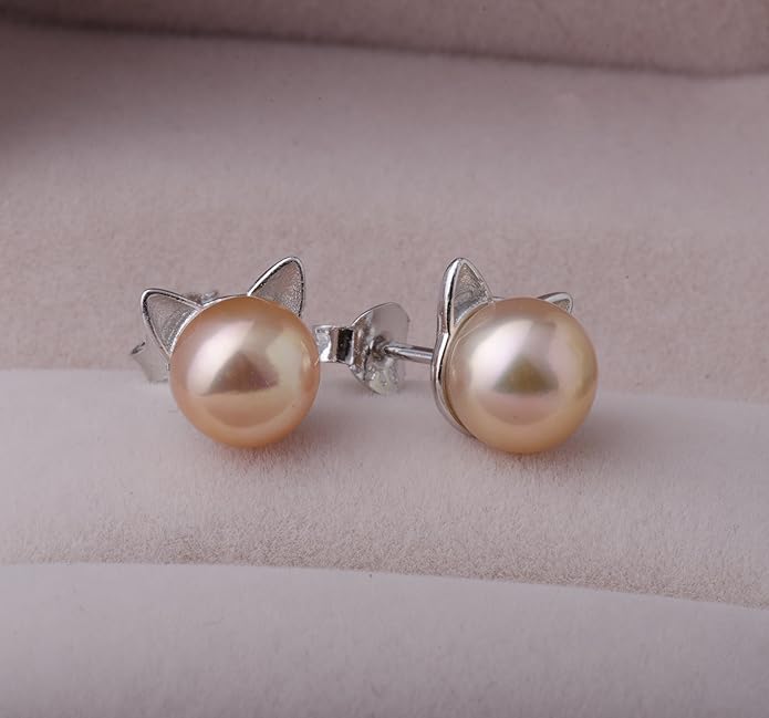 S.Leaf Cat Earrings Pearl Earrings Sterling Silver Earrings for Women Cat Memorial Gifts Cat Gifts for Cat Lovers Cat Jewelry for Women