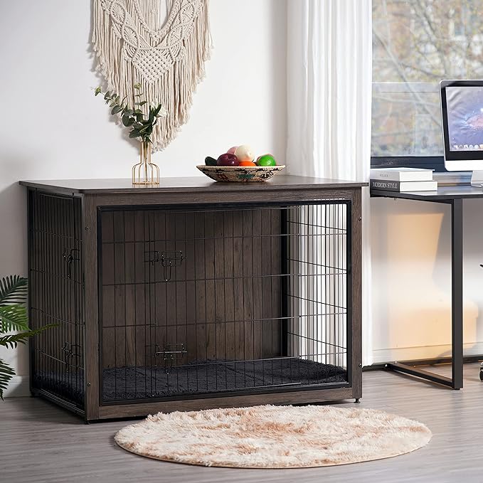 DWANTON Dog Crate Furniture with Cushion, Wooden Kennel Table with Double Doors, Indoor Dog House, Extra Large Size, 43.3" L, Dark Gray
