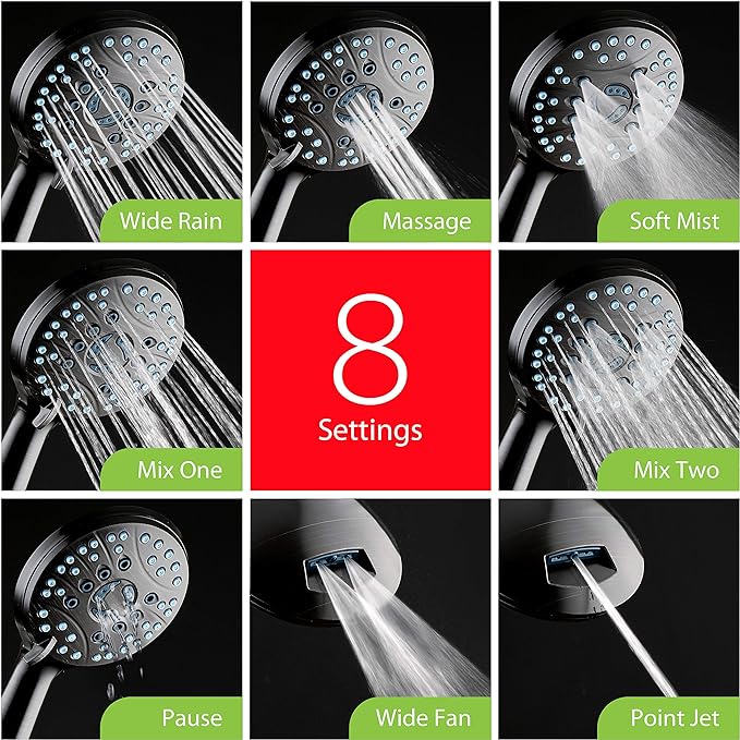 Hotel Spa AquaCare As-Seen-On-TV High Pressure 48-setting Rain & Handheld 3-way Shower Head Combo - Anti-clog Nozzles/Tub, Tile & Pet Power Wash/Extra Long 6 ft. Hose/Matte Black Finish