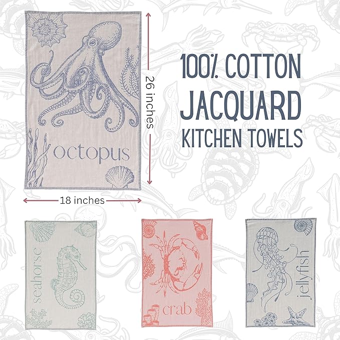 sea me at home Jacquard Sea Life Kitchen Towels, 4-Pack, 100% Cotton, Medium (19.5" x 27"), Sea Life Color