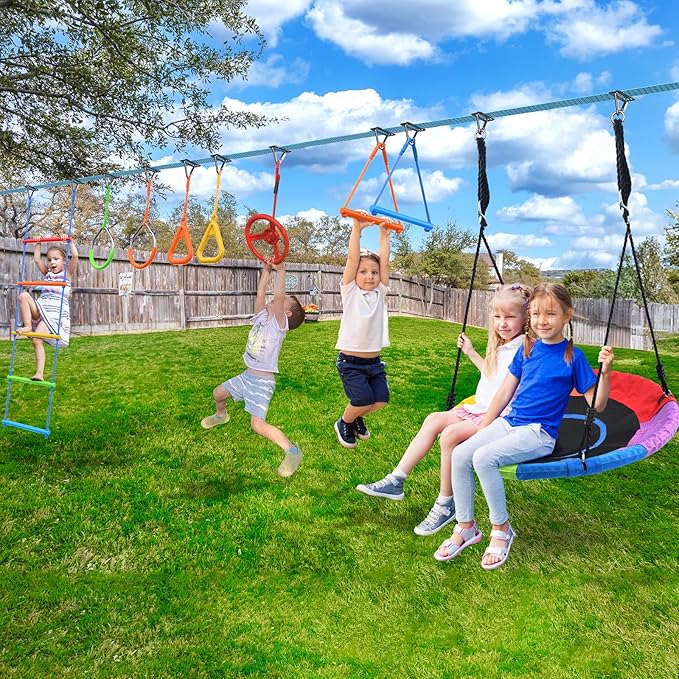 Hapfan 50 FT Ninja Warrior Obstacle Course Swing Set for Kids with Weather-Proof Accessories, Outdoor Playset with Monkey Bars for Backyard
