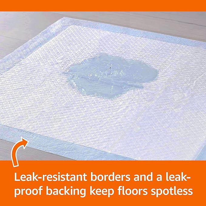 Amazon Basics Dog and Puppy Pee Pads, 5-Layer Leak-Proof Super Absorbent, Quick-Dry Surface, Potty Training, Regular (22x22"), 150 Count, Blue & White