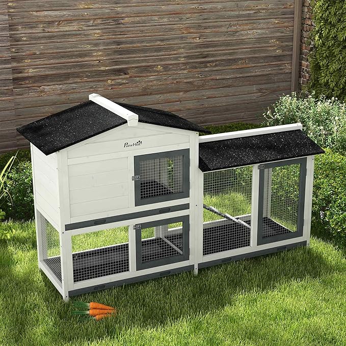 PawHut 62" Rabbit Hutch, Wooden Bunny Hutch, Guinea Pig Cage, Small Animal Enclosure with Run Area, Removable Tray, Asphalt Roof, Lockable Doors and Ramp, for Rabbits, Chickens, Ducks, White