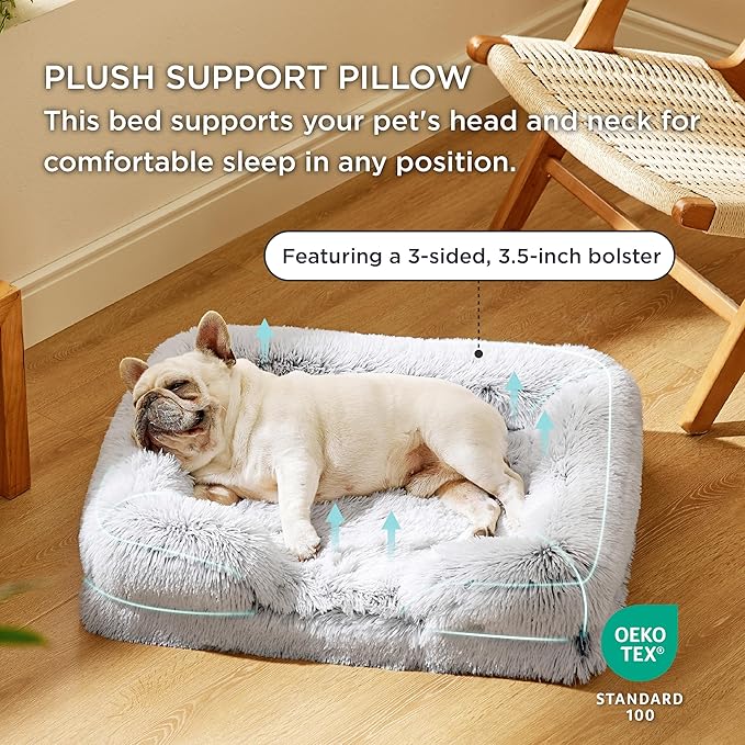 Bedsure Orthopedic Dog Bed Medium Size Dogs - Washable Medium Dog Cat Bed Waterproof, Comfort Pet Couch Sofa with Washable Removable Cover, Pets Bed with Nonskid Bottom, Long Faux Fur-Misty Grey, 28"