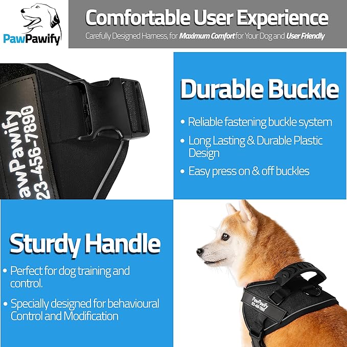 PawPawify Custom No Pull Dog Harness with Name and Phone Number, Heavy Duty Personalized Pet Vest to Prevent Tugging, Pulling, or Choking, Training and Walking (New Black, XS (5-9LBS))