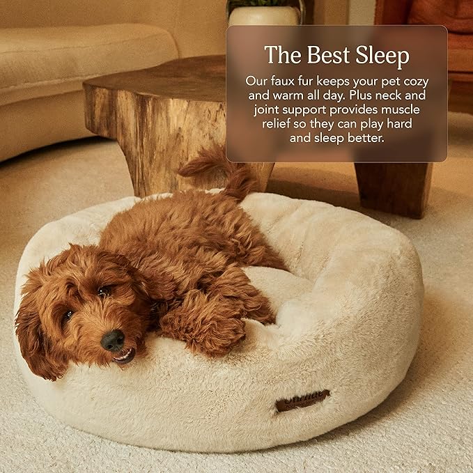UnHide Floof Pet Bed - Large (35" x 12") - Extra Soft Dog Bed - Removable Faux Fur Cover - Machine Washable - Helps Ease Pet Anxiety & Provides The Perfect Sleep - Beige Bear