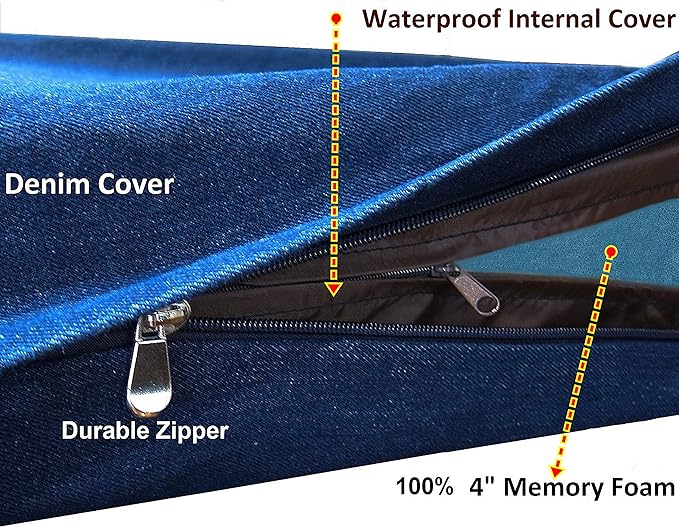 Dogbed4less Extra Large Orthopedic Memory Foam Dog Bed for Large Dogs with Durable Waterproof Internal Case, Removable Washable Denim Cover and Bonus Pet Bed Cover, 47X29X4 Fits 48X30 Dog Crate, Blue