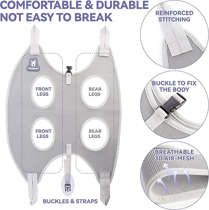 Dog Grooming Hammock Harness for Dogs & Cats with Pet Nail Clipper Trimmer - Cat Hanger Sling for Trimming Clipping Nails- Dog Hammock Restraint Bag for Small Medium Large pet （ Grey XS）