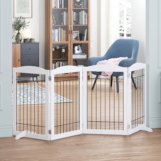 Spirich Free Standing Foldable Wire Pet Gate for Dogs, 80 inches Extra Wide, 30 inches Tall 4 Panels Dog Gate for the House, Doorway, Stairs, Pet Puppy Safety Fence,Set of Support Feet Included, White