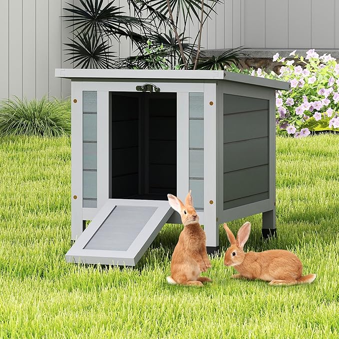 Coziwow Rabbit Hutch, Outdoor Cat House Weatherproof, Bunny Cage Indoor with Openable, Portable Small Animals Shelters with Nonslip Ramp for Hideout Rabbits/Feral Cats/Chicken/Duck/Small Animals-Gray