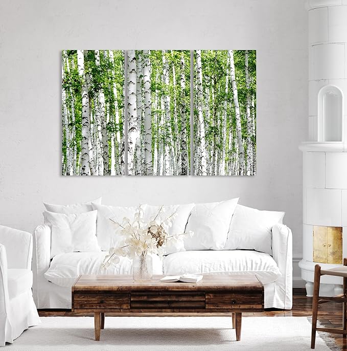 Nature Wall Art Prints - Ocean Forest Mountain Lake Canvas Landscapes - Small to Extra Large Living Room Bedroom Kitchen Bathroom Décor (Green Brich Trees, 39L" x 59W" - 3 Panels)