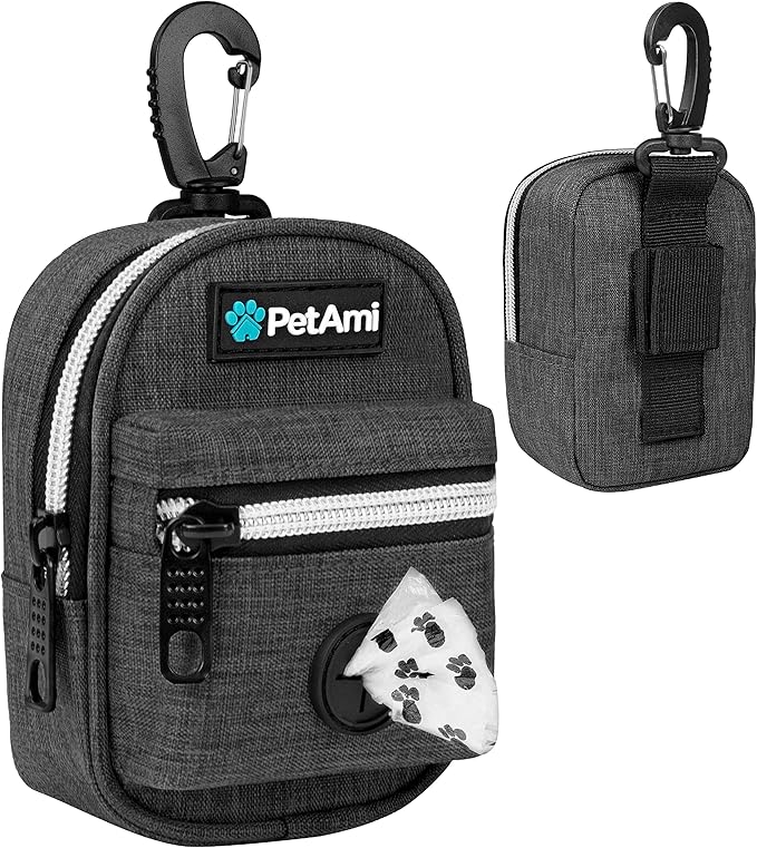 PetAmi Dog Poop Bag Holder for Leash, Dog Pet Waste Bag Dispenser For Poop With Clip, Doggy Puppy Walking Accessories Travel Camping, Dog Treat Pouch Supplies Must Have With Dog Bag Roll, Dark Gray
