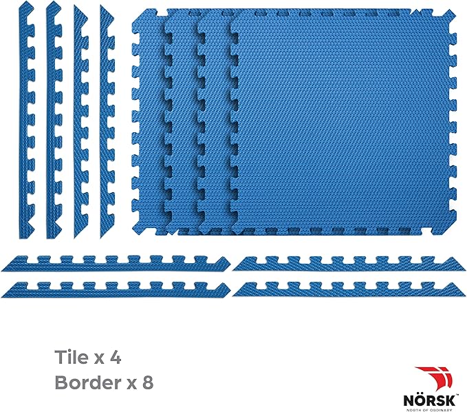 Norsk Reversible Gym Exercise Mats 3/4" Thick EVA Interlocking Foam Tiles, Perfect Gym Flooring for Home Gym, 16 Tiles & 32 Trim Pieces, 64 Sq. Ft. Reversible, Dazzling Blue/Black