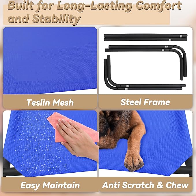 PHYEX Elevated Dog Bed for Large Dogs, Raised Dog Bed with Breathable Mesh, Dog Cot Bed with Sturdy Steel Frame for Indoor & Outdoor Use, Non Slip, Easy to Clean, 50.5 Inches, Blue