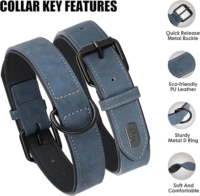 Didog Soft Padded PU Leather Dog Collar, Breathable and Adjustable Dog Collars for Medium Dogs, Comfortable for Daily Walk, Blue, L Fit Neck 13-17"(22-44 lbs)