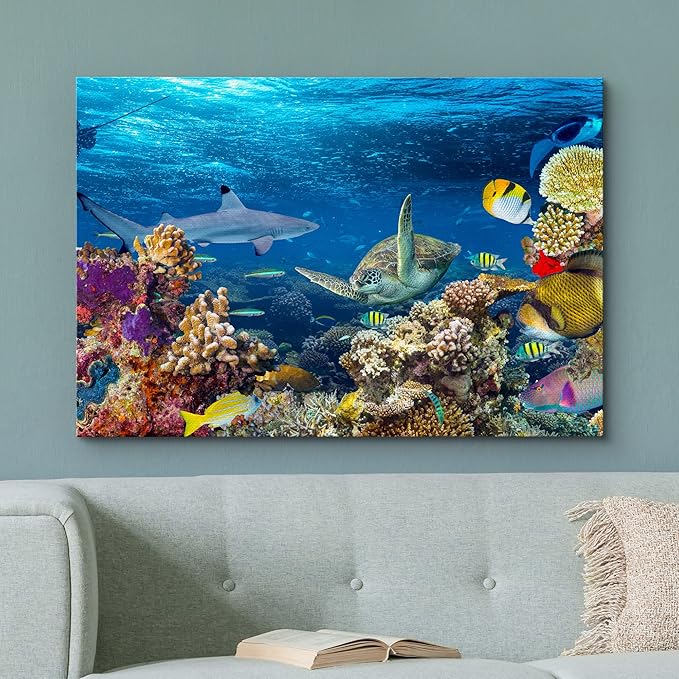 wall26 Canvas Print Wall Art Tropical Island Underwater Turtle Shark Nature Animals Photography Realism Rustic Scenic Landscape Wilderness Earth Colorful for Living Room, Bedroom, Office - 32"x48"