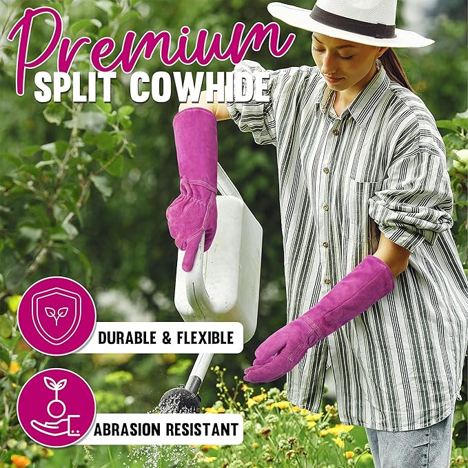 HANDLANDY Ladies Thorn Proof Gardening Gloves, Long Gauntlet Heavy Duty Garden Gloves, Elbow Length Women Leather Rose Pruning Glove (Large, Rosy)