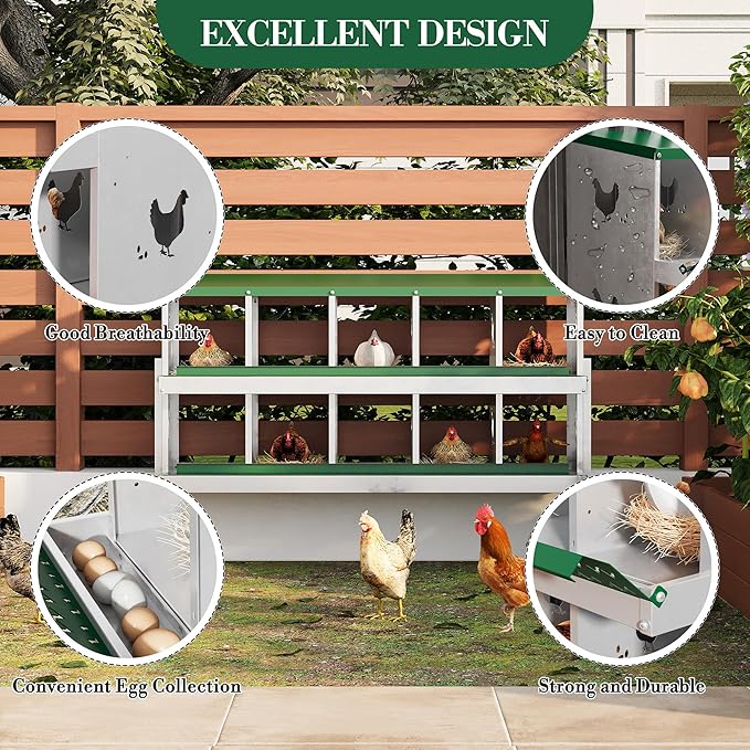10 Hole Chicken Nesting Box with Roll Out Egg Tray, Rustproof & Ventilated Chicken Laying Boxes for Hens, Chickens, Ducks | Easy-Clean Poultry Coop Accessories, Green with Stand