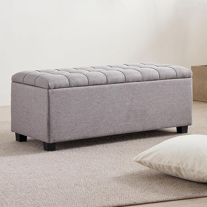 Ottoman with Storage 38 inches, Furniture End of Bed Storage Benches, Long Ottomans Bench with hinged lid, Bench seat Trunk for Foot Rest in Bedroom, Living Room (Gray)