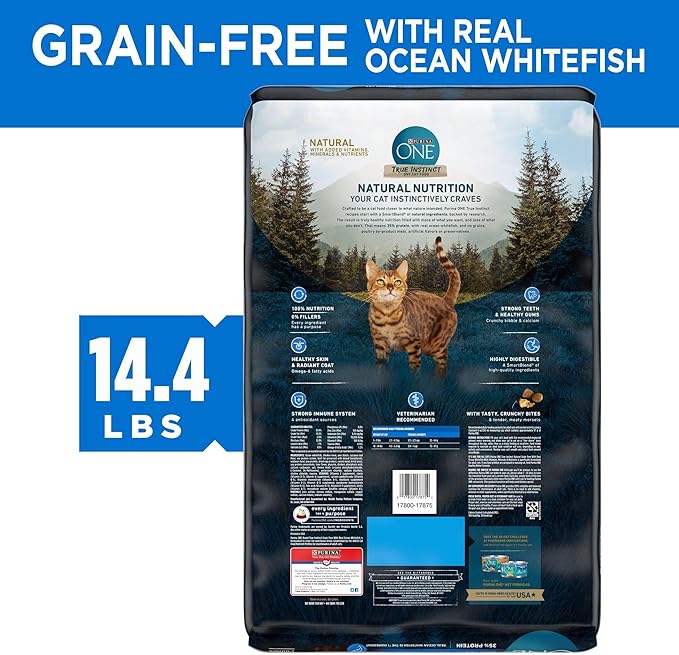 Purina ONE Natural, High Protein, Grain Free Dry Cat Food, True Instinct With Real Ocean Whitefish - 14.4 lb. Bag