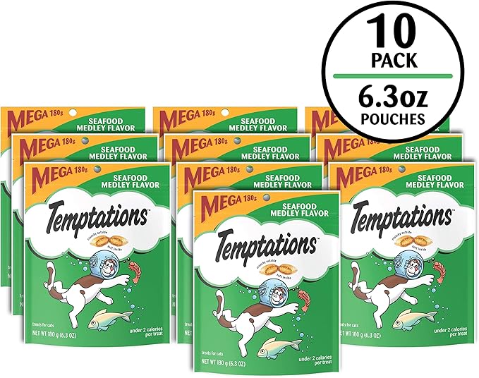 Temptations Classic Crunchy and Soft Cat Treats, Seafood Medley Flavor, 6.3 oz. Pouch (Pack of 10)