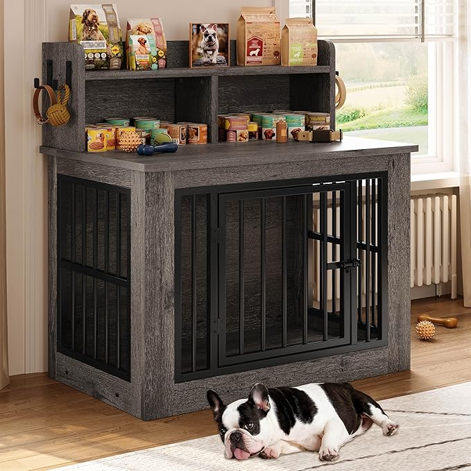 IRONCK Dog Crate Furniture, 33.4 inches Wooden Small Dog Crate with Storage and 4 Hooks, Heavy Duty Pet Crate for Small Dog, Decorative Pet Cage for Indoor (22" L x 33.4" W x 37.4" H)