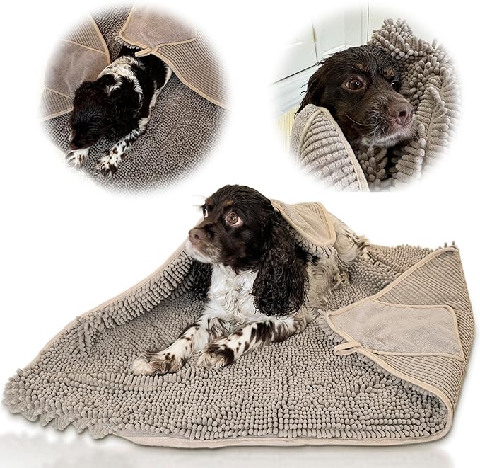 Pet 2-in-1 Dog Towel & Mat – Transforms from Drying to Bath Mat, Ultra Soft, Absorbent & Quick-Drying, Machine Washable Dog Towels with Detachable Non-Slip Mat and Hand Pockets (Medium)