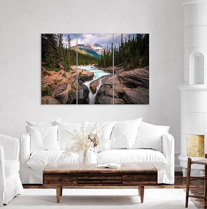 Nature Wall Art Prints - Ocean Forest Mountain Lake Canvas Landscapes - Small to Extra Large Living Room Bedroom Kitchen Bathroom Décor (Mountain River Waterfall, 39L" x 59W" - 3 Panels)