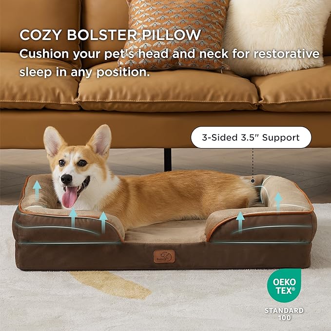 Bedsure Orthopedic Dog Beds Large Sized Dog - Washable Large Dog Cat Bed Waterproof, Comfort Dogs Couch Sofa with Washable Removable Cover, Pet Bed with Nonskid Bottom, Brown, 35"