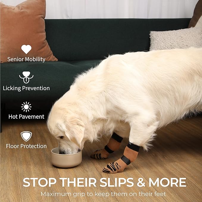 DOK TigerToes Premium Non-Slip Dog Socks for Hardwood Floors - Extra-Thick Grip That Works Even When Twisted - Prevents Licking, Slipping, and Great for Dog Paw Protection (Cool Caramel, Large)