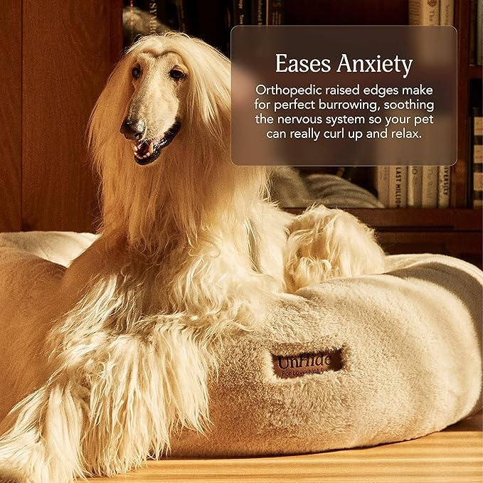 UnHide Floof Pet Bed - Large (35" x 12") - Extra Soft Dog Bed - Removable Faux Fur Cover - Machine Washable - Helps Ease Pet Anxiety & Provides The Perfect Sleep - Beige Bear