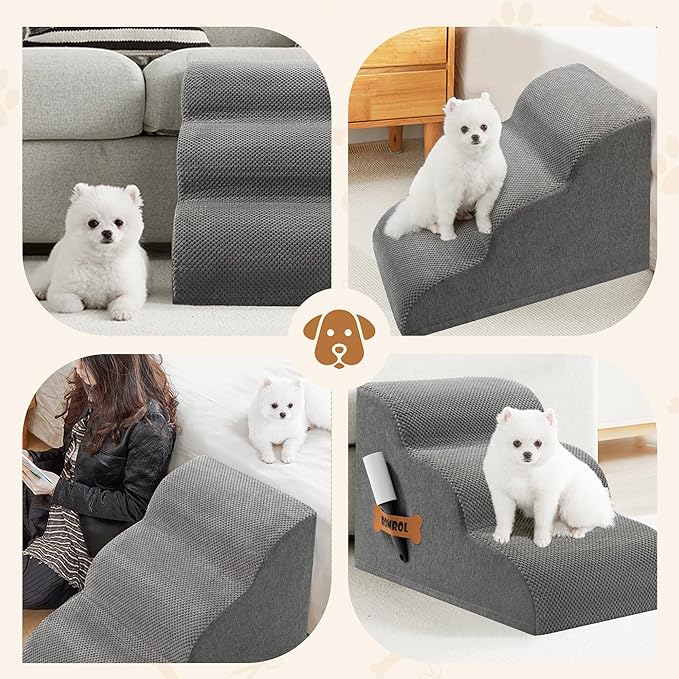 Romrol Dog Stairs Ramp for Beds Couches, 15.7” H 33D Extra Wide Pet Steps with Durable Non-Slip Waterproof Fabric Cover, Dog Slope Stairs for Small Dogs and Cats or Pets Friendly, 3-Tiers, Grey